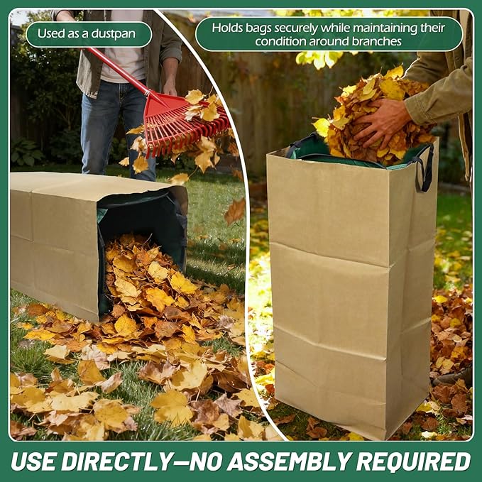 2Pack Reusable Pop-Up Yard Waste Bag Holder, Designed for 30 Gallon Paper Lawn Bags, Multi-Use Dustpan Function and Compact Foldable Design for Effortless Leaf Collection