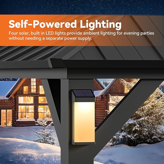 Modern Shade The Horizon Hardtop Gazebo 12' x 16' with 4 LED Lights, Permanent Outdoor Gazebo with Galvanized Steel Double Roof, Grill Pavilion with Decor Hooks, Mosquito Nettings, Black