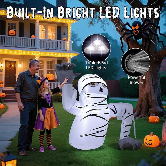 Dawdix 5.2FT Halloween Inflatable Groundbreaker Mummy Outdoor Decorations, Blow Up Yard Decoration Inflatable Mummy with Built-in LEDs for Halloween Party Indoor Outdoor Yard Garden Lawn Decor