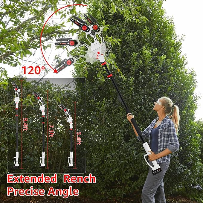 2-in-1 Electric Pole Saw for Tree Trimming, 6 Inch Cordless Mini Chainsaw with Max 15 FT Extension Pole, Battery Powered Pole Chainsaw with 2PCS 4.0 Ah Batteries, Adjustable Head for Gradening