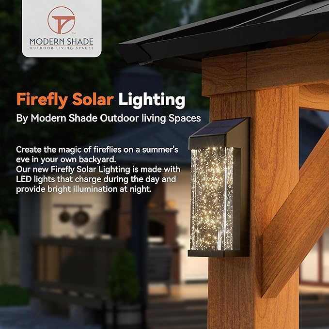 Modern Shade The Horizon Hardtop Gazebo 10' x 14' with 4 LED Lights, Permanent Outdoor Gazebo with Galvanized Steel Double Roof, Grill Pavilion with Decor Hooks, Mosquito Nettings, Wood-Looking