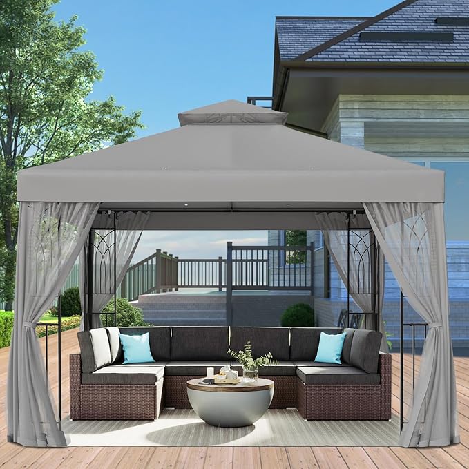 EAGLE PEAK 10x10 Patio Gazebo with Mesh Netting, Double Roof Outdoor Pavilion with Corner Shelves for Lawn, Deck, Garden and Backyard, Gray