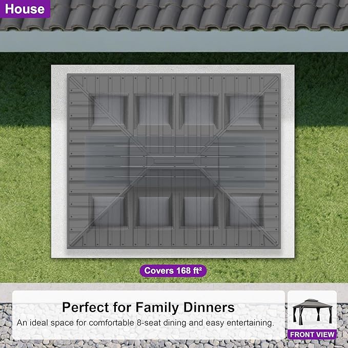 PURPLE LEAF 12' X 14' Permanent Hardtop Gazebo Galvanized Steel Double Roof Pavilion with Aluminum Frames Heavy Duty Patio Gazebo for Pool Patio Deck Garden,Netting and Curtains Included, Light Grey