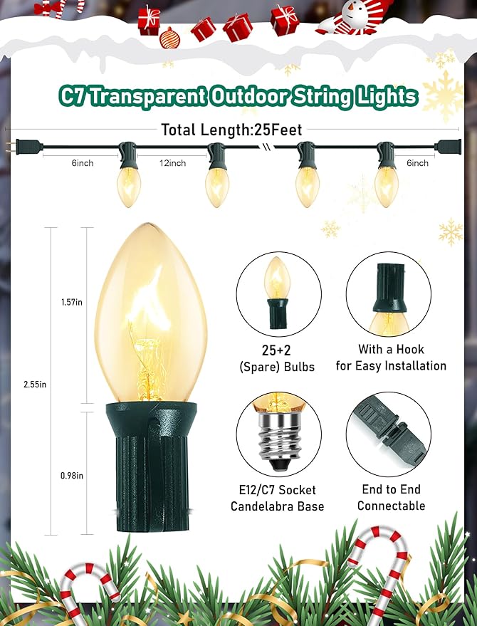 C7 Christmas Lights Outdoor, 25Ft Outdoor Christmas String Lights with 25 Warm White Incandescent Bulbs, Hanging Vintage Christmas Decorations Light for Roofline House Garden Patio Backyard