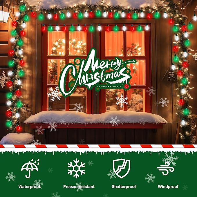 HAYATA C9 Big Bulbs Classic Christmas Lights 50 LED 32ft Strawberry String Light - Outdoor, Indoor, Garden, Yard, Party, Home, Wreath, Garland,Tree (Red White Green - 50LED)