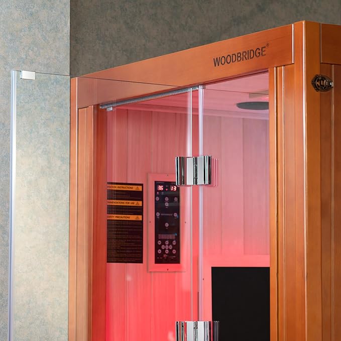 Woodbridge Infrared Home Sauna Room 2 Person Hemlock Wooden Indoor Sauna with 7 Carbon Heaters, Red Light Therapy, Bluetooth Speaker, Intelligent Control Panel, Tempered Glass & Top Vent