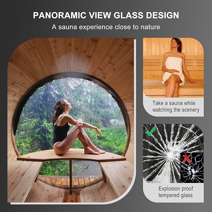 ZONEMEL Barrel Steam Sauna Room with Panoramic View, Canadian Red Cedar Outdoor Sauna with Wood Shingle Roof, Wood-Fired Stove, 8 Person, 8mm Tempered Glass