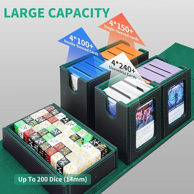 AFIING Commander Deck Box for MTG, Holds 400+ Double-Sleeved Cards, 4 Removable Deck Cases with Display Window, Dice Tray/Handle,Trading Card Storage Organizer/Dividers for TCG (Black Green)