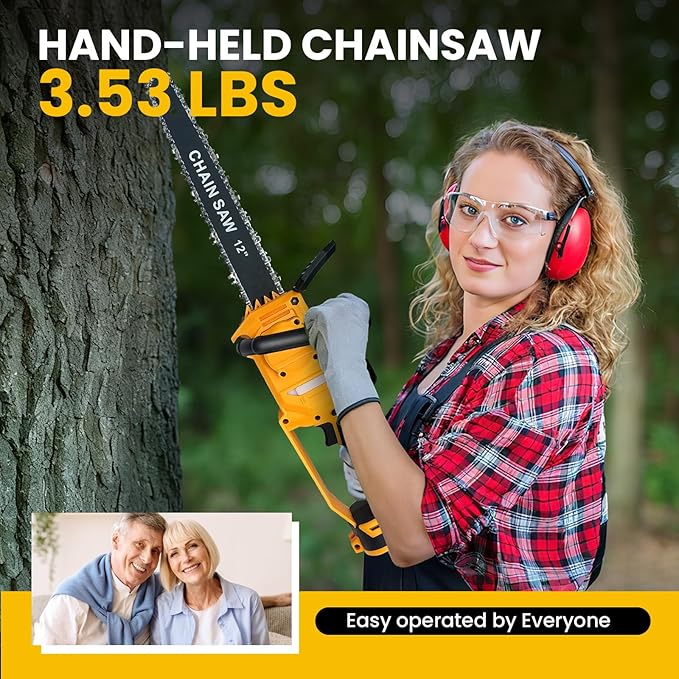 12 Inch Cordless Chainsaw Compatible with DeWalt 20V MAX, 1200W Brushless Motor, Auto Lubrication, Security Lock, Handheld Electric Chainsaw for Tree Trimming (Battery Not Included)