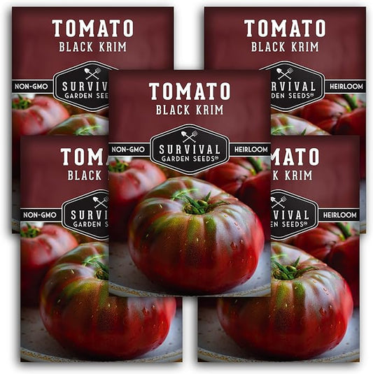 Survival Garden Seeds - Black Krim Tomato Seed for Planting - 5 Packets with Instructions to Plant & Grow Delicious Fresh Slicing Tomatoes in Your Home Vegetable Garden - Non-GMO Heirloom Variety