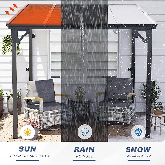 MEISSALIVVE 8' x 8' Wall Mounted Lean to Metal Awnings with Sloped Roof, Outdoor Patio Gazebo Awning for Backyard, Deck, Black