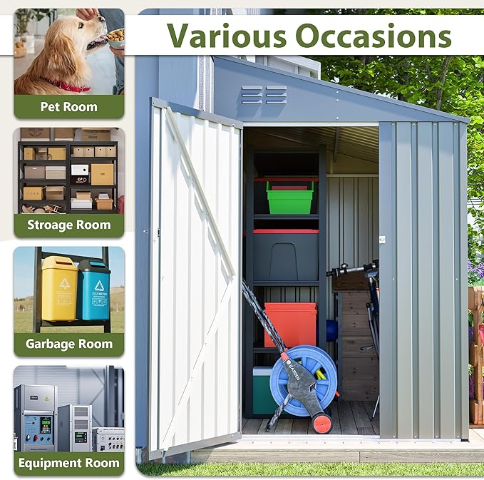 4×8 FT Outdoor Metal Storage Shed,Heavy-Duty Lean to Storage Shed with Lockable Door and Reinforced Beams,All Weather Waterproof Storage House W/2 Air Vents,for Backyard,Patio,Lawn,Gray