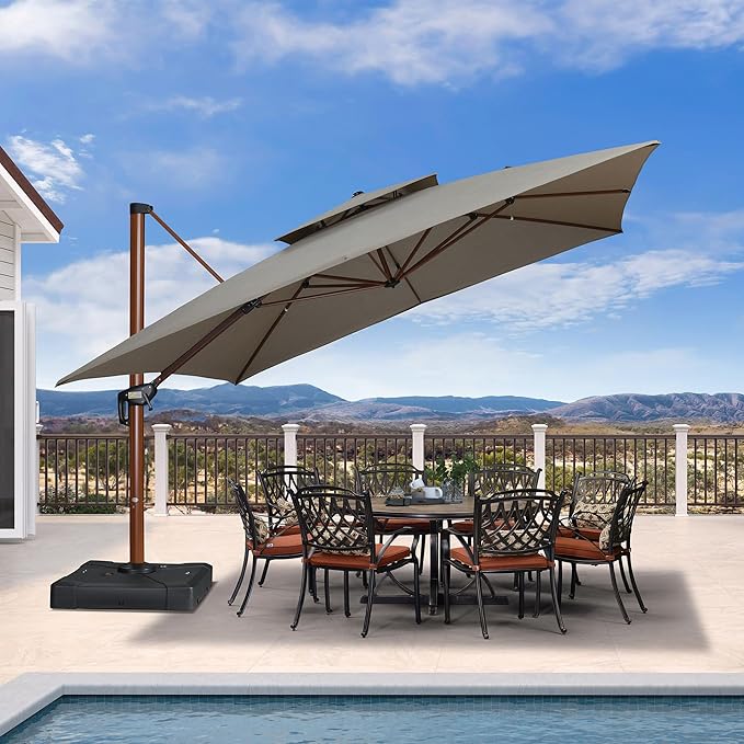 PURPLE LEAF 12' X 12' Patio Large Cantilever Umbrella Outdoor Square Wood Umbrellas Offset Umbrella Heavy Duty Sun Umbrellas for Garden Deck Pool, Heather Taupe