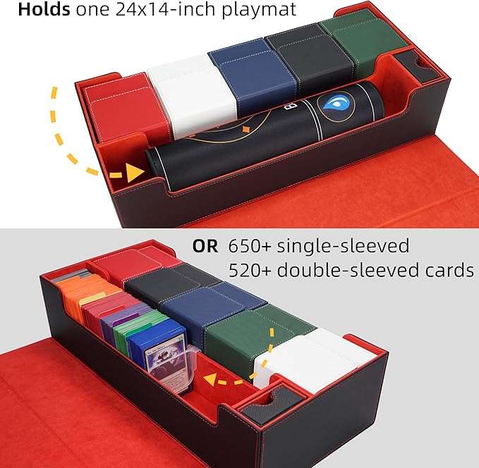 AFIING Mtg Deck Box Holds 5 Display Card Deck Boxes with Mtg Playmat & Dice Box,10 Dividers,1Card supporter, Trading Card Storage Box for Magic Yugioh Sports Cards (Black &Red)