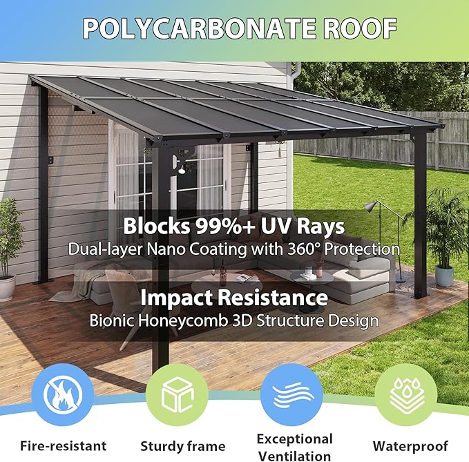 Aoxun 10’x 12’ Premium Gazebo with Aluminum Top Frame & Polycarbonate Panel, Wall Mounted Gazebos Pergola, Outdoor Patio Lean to Gazebo, Awnings with Sloped Roof, for Backyard, Porch, Deck