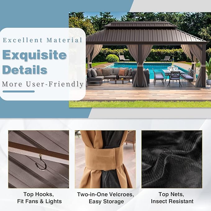 MELLCOM 12' x 20' Hardtop Gazebo,Galvanized Steel Metal Double Roof Aluminum Gazebos with Curtain and Netting,Brown Permanent Pavilion with Aluminum Frame for Patios,Gardens,Lawns