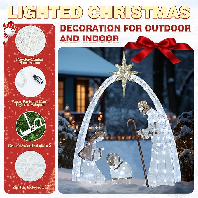 MUPATER Lighted Nativity Scene Outdoor Christmas Decoration, Christmas Holiday Yard Decor Nativity Set for Lawn, Yard Home Party with Lights, White