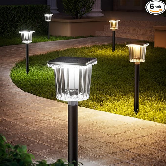 HIGH-POWER 2-in-1 Warm&Cold,3000/12000K 6 Pack Solar Pathway Lights,SUPER BRIGHT Solar Lights Outdoor IP65 Waterproof ,Up to 28 Hrs Solar Walkway Lights for Yard,Patio,Landscape,Sidewalk,Driveway,Lawn