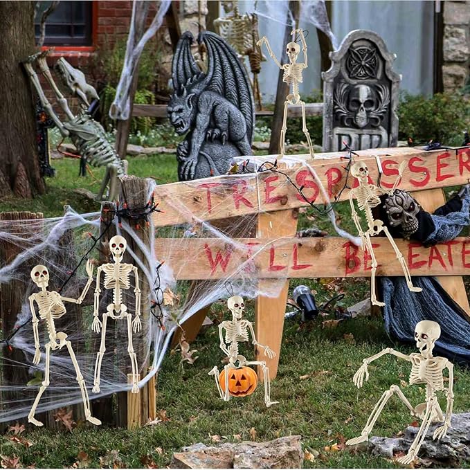 Remiawy Skeleton Halloween Decorations, 6 Pack 16” Full Body Posable Skeletons with Movable Joints, Small Plastic Hanging Props for Haunted House, Yard, Graveyard, Spooky Party Indoor Outdoor Decor