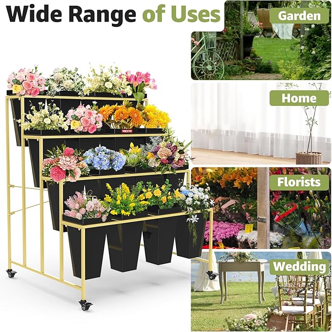 Flower Display Stand 4 Layers with 16 PCS Square Buckets, Plant Stand with Wheels, Movable Metal Plant Stand for Terrace Garden, Living Room, Florist Shop