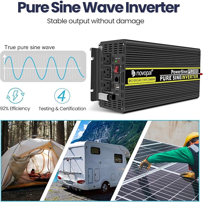 NOVOPAL 3000 watt Pure Sine Wave Inverter, 12V DC to 110V/120V AC Car Power Converter, DC-AC Power Inverter with 3 Outlets, High-Power Terminals - 16ft Remote Control, LCD Display.