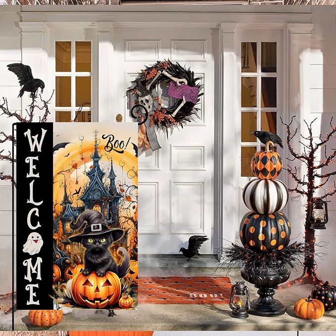 DECORLUXES Halloween House Flag 28x40 Double Sided, Welcome Cat Halloween Large Garden Flags Garden Outside Decor, Yard Flag Decorations (House + Garden flag)