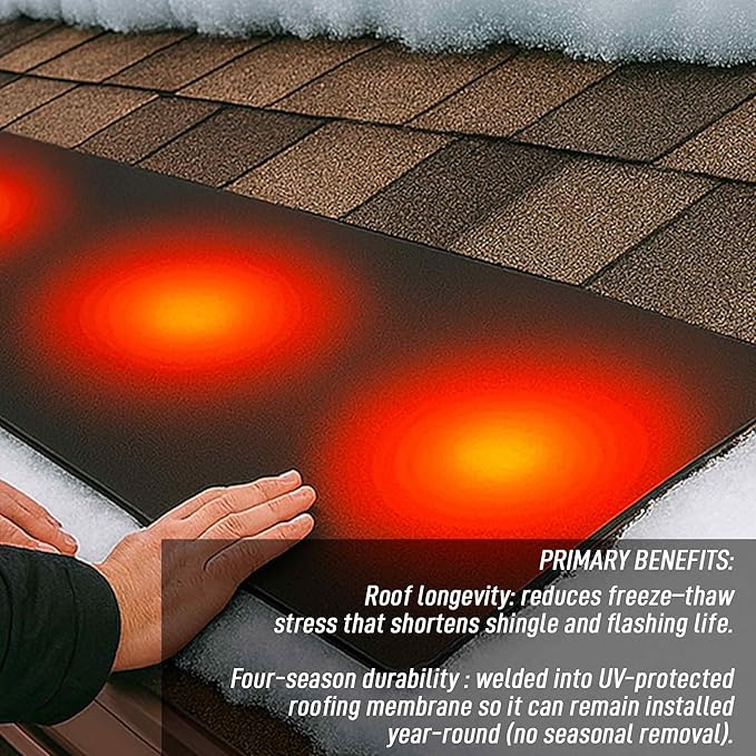 RHS Roof & Valley Snow Melting Mats – Ice Dam Prevention, American-Made, Black, Melts 2” Snow/Hour (15’ x 13”)