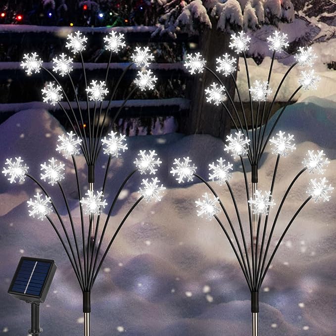 Set of 4 Snowflake Solar Christmas Decorations, 8 Modes Swaying Garden Lights, Outdoor Pathway Solar Christmas Stake Lights, Upgraded Base on Firefly Light for Lawn Decor (White)