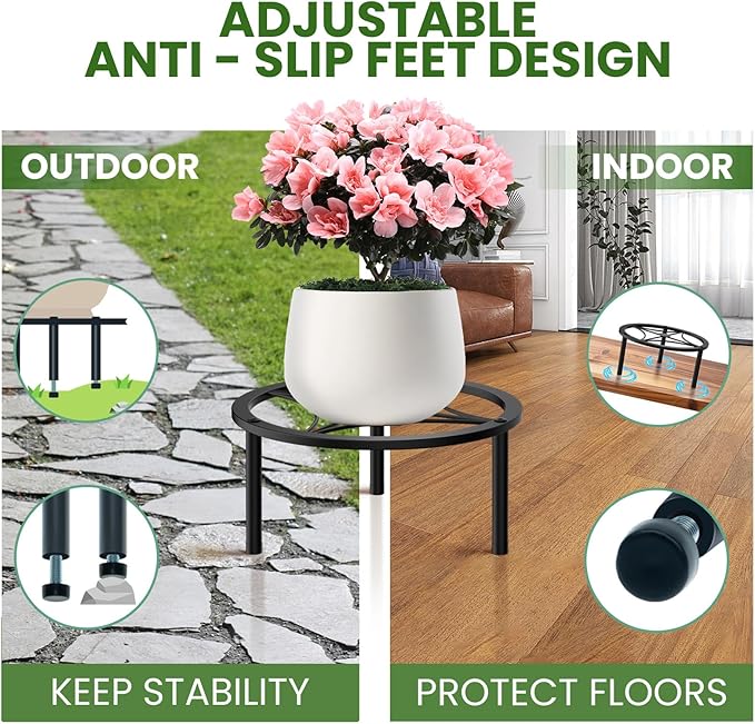 TOSKING Heavy Duty Metal Plant Stand - 9-inch Round Tray with Geometric Pattern, Adjustable Leveling Feet & Rust-Resistant Finish for Indoor/Outdoor Use