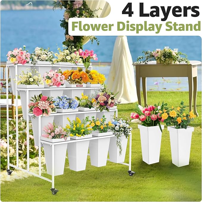 Flower Display Stand 4 Layers with 16 PCS Square Buckets, Plant Stand with Wheels, Movable Metal Plant Stand for Terrace Garden, Living Room, Florist Shop
