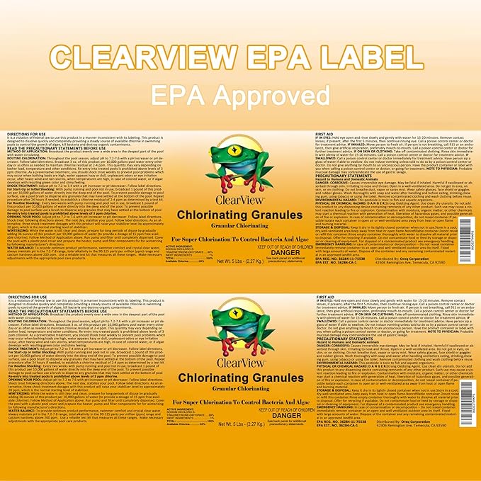 CLEARVIEW Chlorine Granules 2.2 Lbs for Swimming Pools, Pool Chlorine Shock Granular Sanitizer for Spas, Fast Dissolving Chlorinating Granules for Hot Tubs, 2.2 Pounds