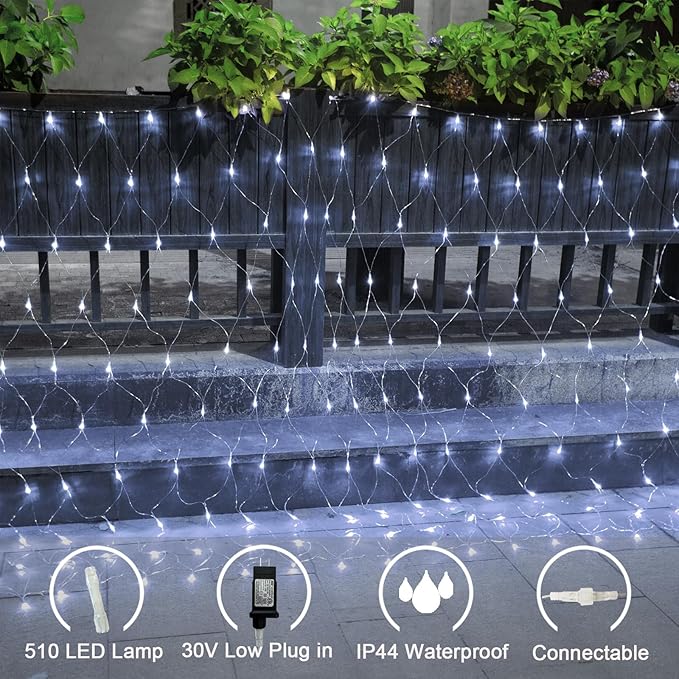 Lovelite 510 LED Christmas Net Lights, 27.9ft x 5ft Mesh Lights Outdoor Clear Wire 8 Modes, Waterproof Connectable String Lights Plug in for Xmas Tree Bushes Garden Holiday Party Decorations - White