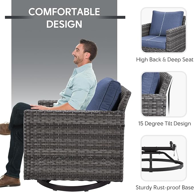 7 Piece Wicker Patio Furniture Set - Outdoor Swivel Rocker Chairs Set with Coffee Table, Side Table, 3 Seat Sofa & Ottomans, Small Patio Conversation Sets for Balcony Deck - Grey/Blue