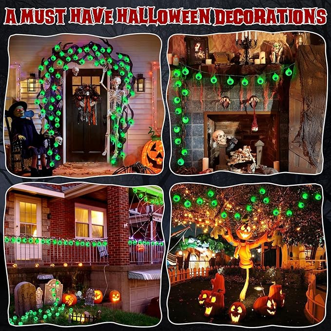 Halloween Decorations 30LED 17Ft Eyeball Halloween String Lights With Timer Remote Battery Operated 8 Modes Halloween Lights Halloween Indoor Outdoor Decorations For Home Garden Yard Halloween Décor