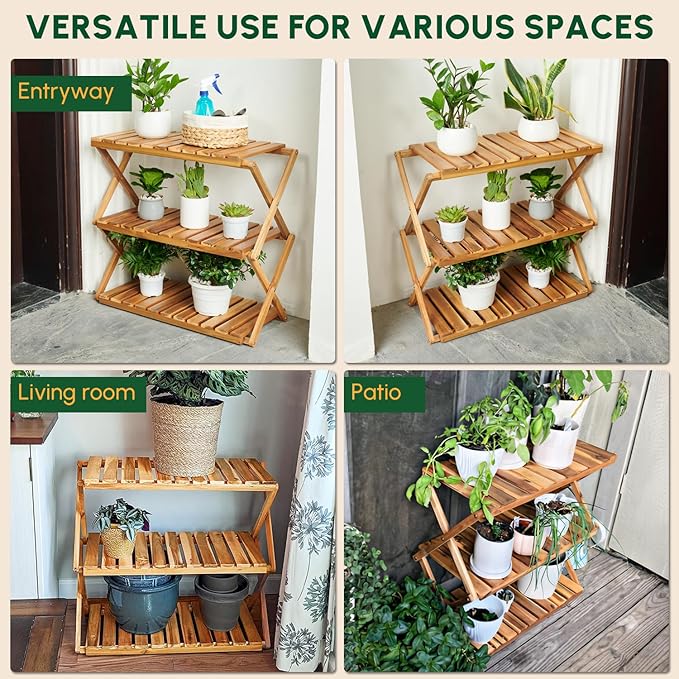BEEFURNI Acacia Plant Stand Indoor, Wooden Outdoor Planter Stand, 3 Tier Succulent Shelf, Easy Assembly, Patio Balcony Sunroom Decor, Flower Garden Shelf, 1-year Manufacturer Warranty (Natural Wood)