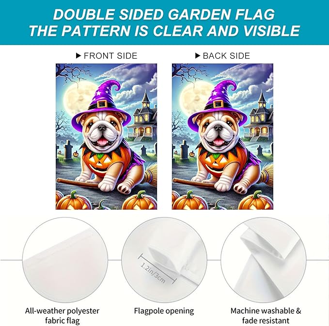 Halloween Pug Garden Flag, Scary Dog in Witch Hat and Pumpkin Costume, 12x18" Double Sided Small Halloween Flag Outdoor Yard Lawn Decoration