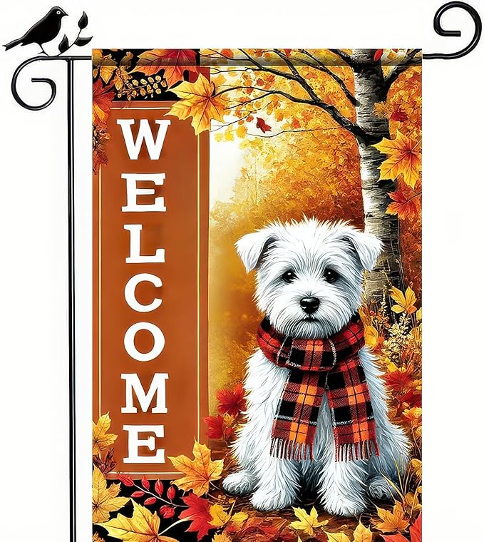 Thanksgiving Fall Garden Flag 12x18 Inch Welcome West Highland White Terrier Dog Outdoor Flag Double Sided Autumn Yard Banner with Plaid Scarf and Leaves Decor for Porch Lawn Patio