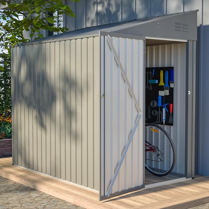 4x8 FT Outdoor Storage Shed,Lean to Lockable Metal Garden Shed Steel with Reinforced Beams,All Weather Waterproof Storage House W/Lockable Door&2 Air Vents,for Backyard,Patio,Lawn,Garden,Gray