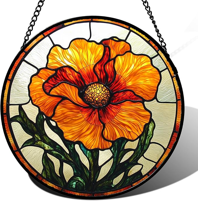 Stained Glass Window Hanging - Orange Poppy Birth Flower Suncatcher for Door Garden Yard Retro Sun Catchers Decor Christmas Mother's Day Birthday Gifts for Women Mom Nana Friend 15 in