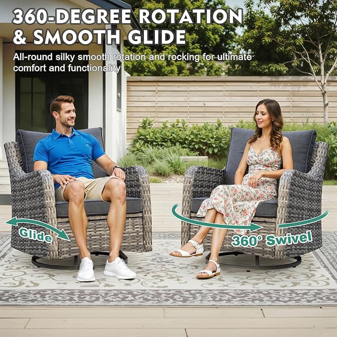 MEISSALIVVE 8 Pieces Patio Furniture Set with 43" Fire Pit Table, Wicker Patio Conversation Set with Swivel Rocking Chairs, Outdoor Patio Set for Lawn Backyard Porch (Grey)
