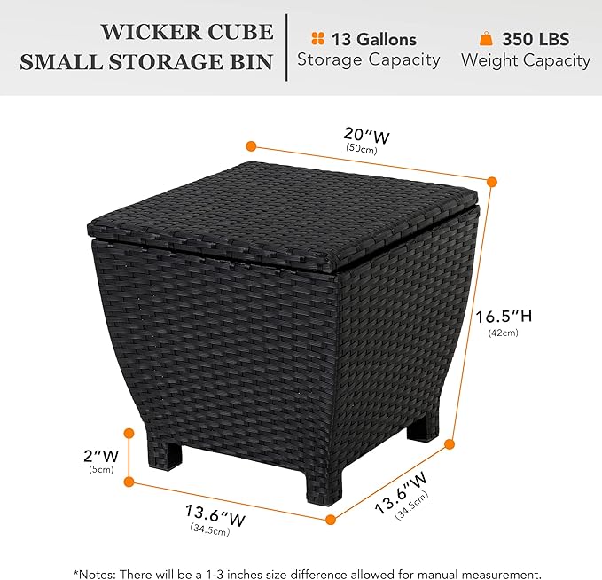 Outdoor Wicker Storage Box with Cover, 13 Gallon PE Rattan Deck Box for Outside with Waterproof Liner, Patio Storage Chest with Hinged Lid for Cushions, Pillows, Towels, Horizontal Bin, Black