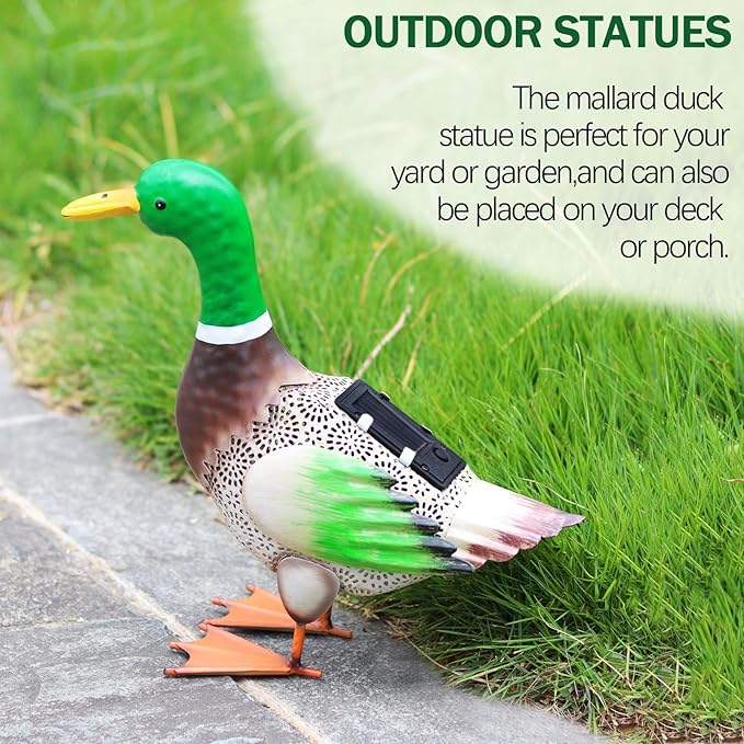 Solar Ducks Outdoor Statue ，Metal Duck Garden Decor ，Lawn Animal Statue Mallard Duck Art ，Gifts for Mallard Duck Lovers