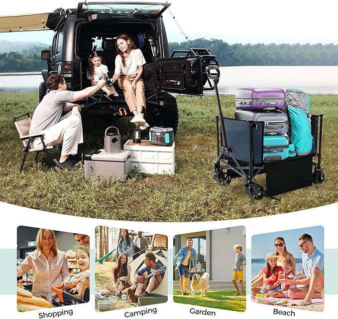 SUNNYFEEL Wagon Cart Foldable, Standard Borderless Version Collapsible Wagon with 220 LBS Max Load, Up to120L Foldable Grocery Cart with Side Opened for Groceries, Garden & Camping,Blue