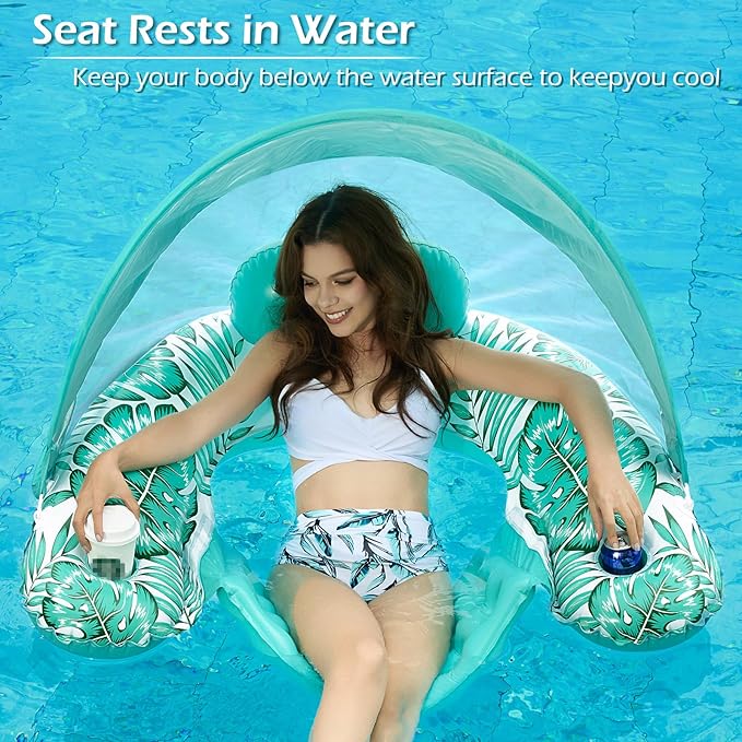 Jasonwell Pool Float with Canopy - Inflatable Pool Floaties Adult Floating Pool Chair Lounge Floats for Swimming Pool Water Chair Pool Lounger with Cup Holders Pool Toy Party Floaty for Adults