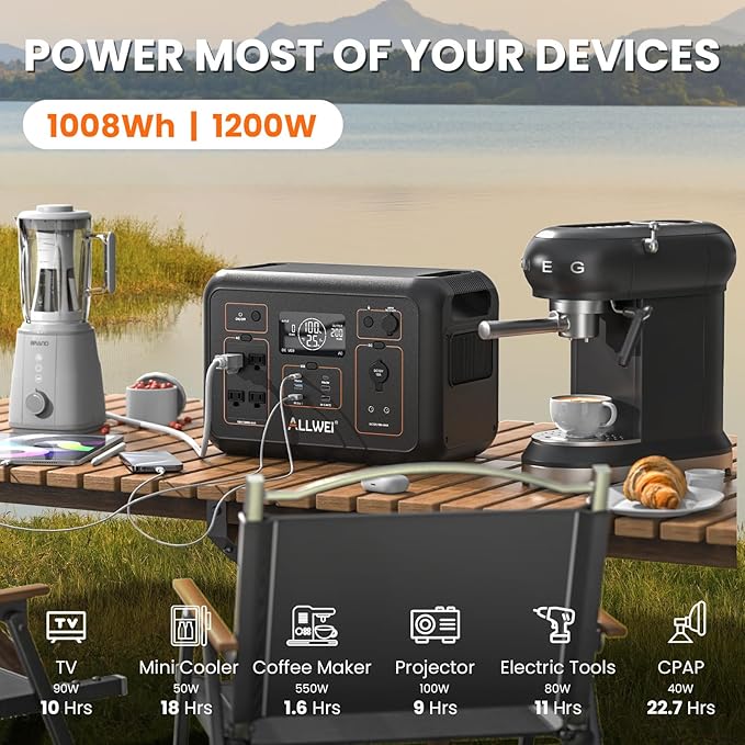 ALLWEI LiFePO4 Solar Generator 1200W(2400W Peak) with 1 * 200W Solar Panel, Fast Charge in 1.5Hrs, 1008Wh Portable Power Station, 4 AC Outlet, UPS Mode, Power Generator for Camping Outdoor Emergency