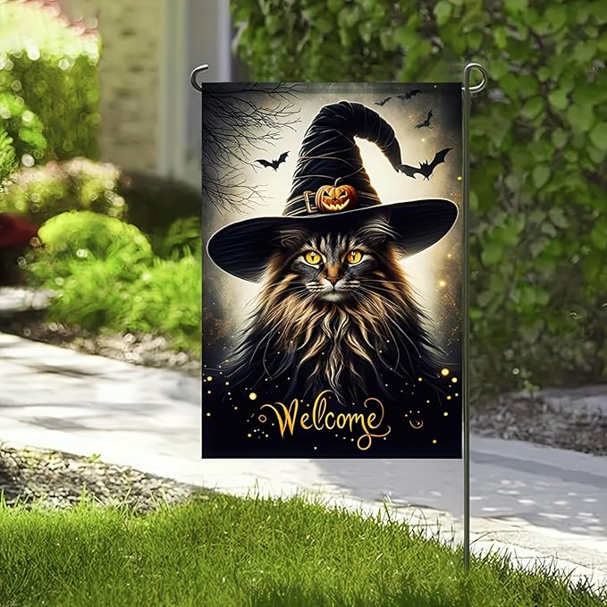 Double Sided Vertical Flag - 12x18 Halloween Cat Garden Flag for Outside, Fall Holiday Outdoor Decorative Flag