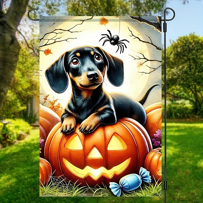 Halloween Garden Flags 12x18 Inch Double Sided Trick or Treat Dachshund Dog Garden Flag Halloween Dog Skeleton Decorations Banner Small Halloween Outdoor Yard Flag for Outside