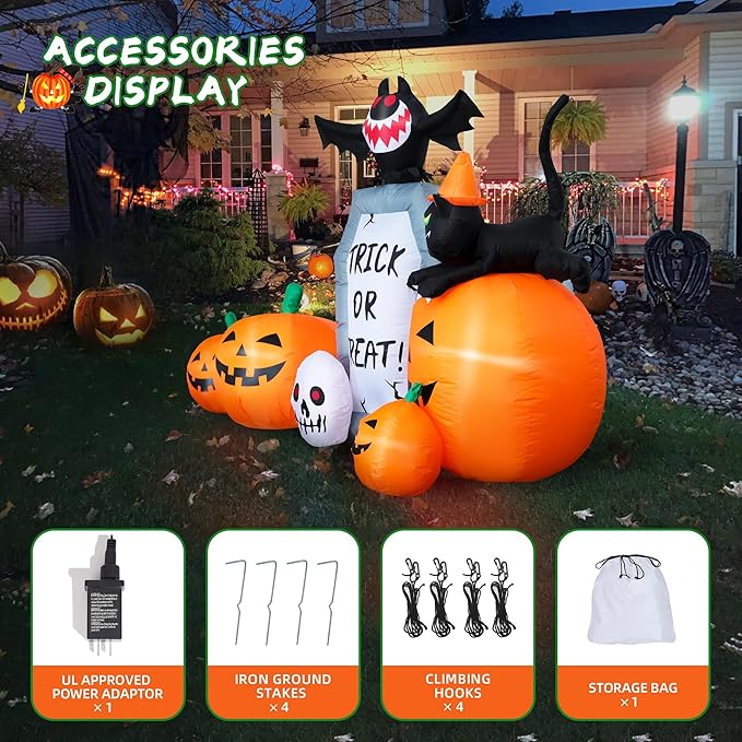 7FT Long Halloween Inflatable Pumpkin Patch with Tombstone & Black Cat & Bat, Blow up Halloween Inflatable with Build-in LED Lights Outdoor Decorations Large Party Yard Decoration