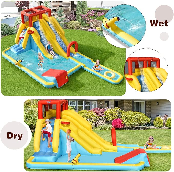 BOUNTECH Inflatable Water Slide, Dual Slides Kids Water Slide Park Bouncy Castle w/950W Blower, 2 Swimming Rings, Large Splash Pool, Backyard Outdoor Blow up Water Slides Inflatables for Big Kids
