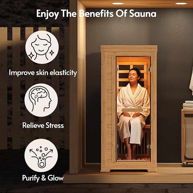 Infrared Sauna at Home 1 Person Mini with 7 Color Therapy, Low EMF 1240W Fast Heating Canadian Hemlock Wood Sauna, Indoor Dry Sauna with Bluetooth Speakers for Home, Gym (2.3Lx2.9Wx5.2H Ft)